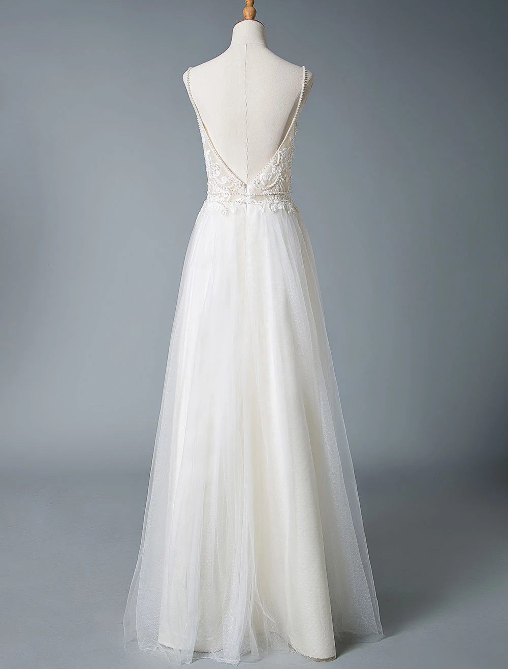 Wedding Dresses A Line V Neck Sleeveless Straps Beaded Floor Length Polka Dot Tulle Bridal Gowns - Image 6