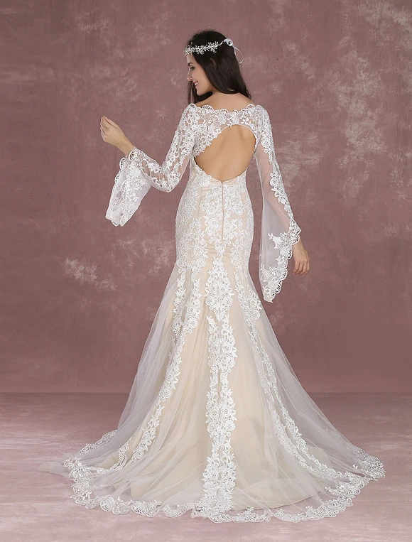 Summer Wedding Dresses 2023 Boho Beach Mermaid Bridal Dress Lace Applique Keyhole Bateau Fishtail Champagne Bridal Gown With Train Milanoo - Image 10