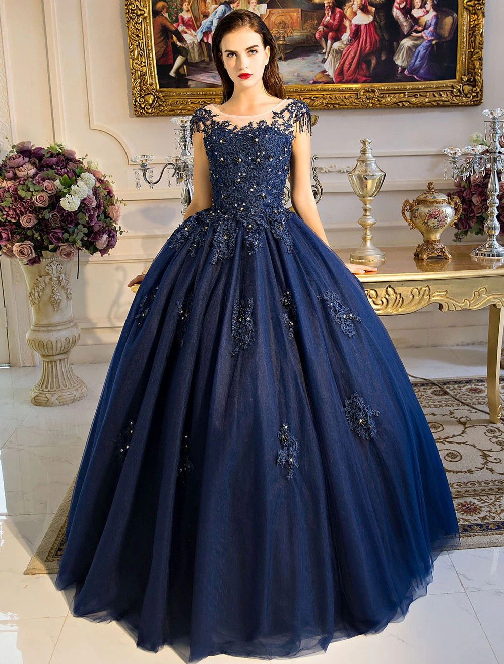 Princess Quinceanera Dresses Luxury Dark Navy Lace Applique Beaded Keyhole Floor Length Women's Pageant Dress Free Customization