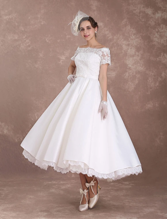 Short Wedding Dresses Vintage Bridal Dress 1950 Bateau Lace Short Sleeve Ivory Bow Sash Tea Length Wedding Reception Dress Free Customization - Image 4