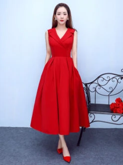 Burgundy Cocktail Dress Notch Collar Party Dress Satin A Line Tea Length Occasion Dress With Pockets Wedding Guest Dress