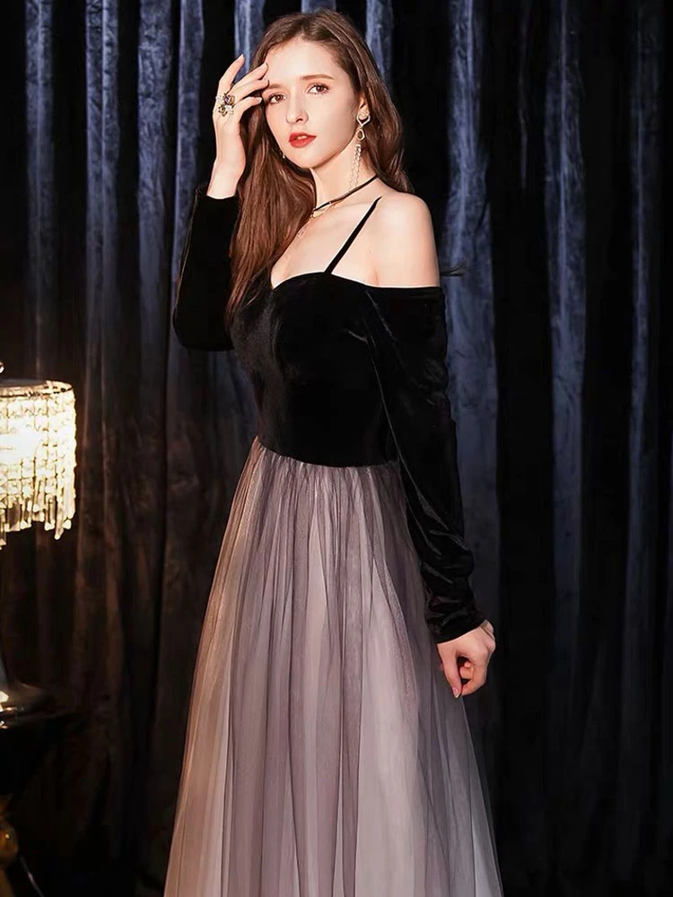 Prom Dresses Long Off The Shoulder Maxi Tulle Velvet Patchwork Formal Gowns - Image 3