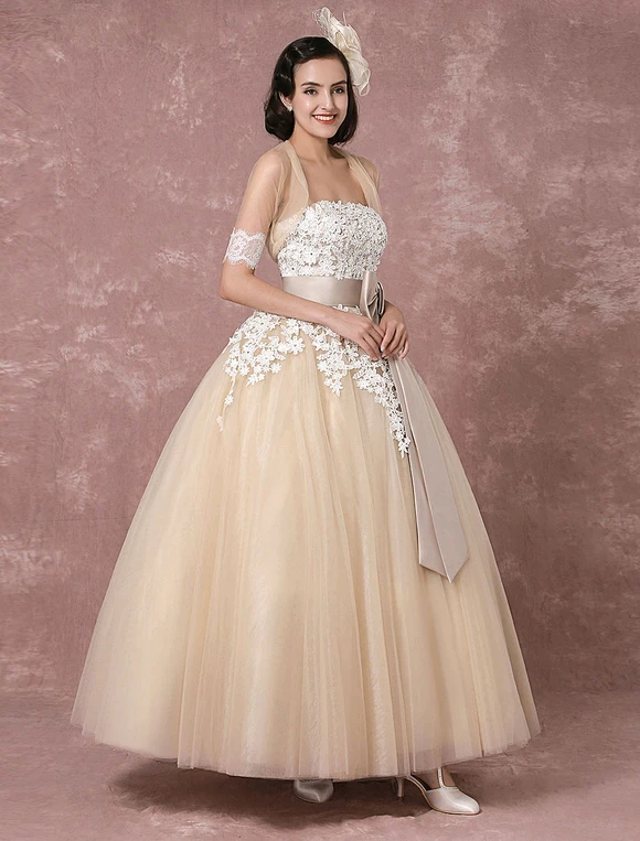 Lace Wedding Dress Tulle Champagne Bridal Gown With Shrug Cape Ball Gown Strapless Sweetheart Ribbon Bow Sash Ankle Length Bridal Dress Milanoo - Image 10