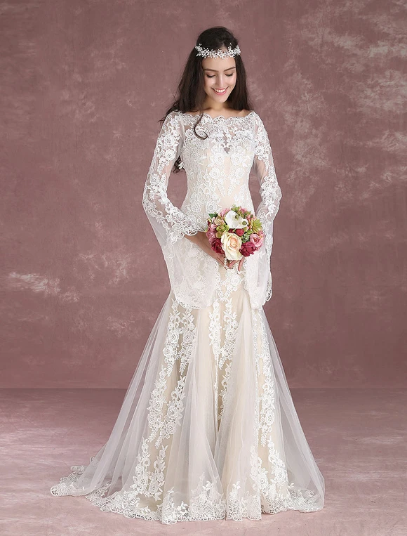 Summer Wedding Dresses 2023 Boho Beach Mermaid Bridal Dress Lace Applique Keyhole Bateau Fishtail Champagne Bridal Gown With Train Milanoo - Image 6