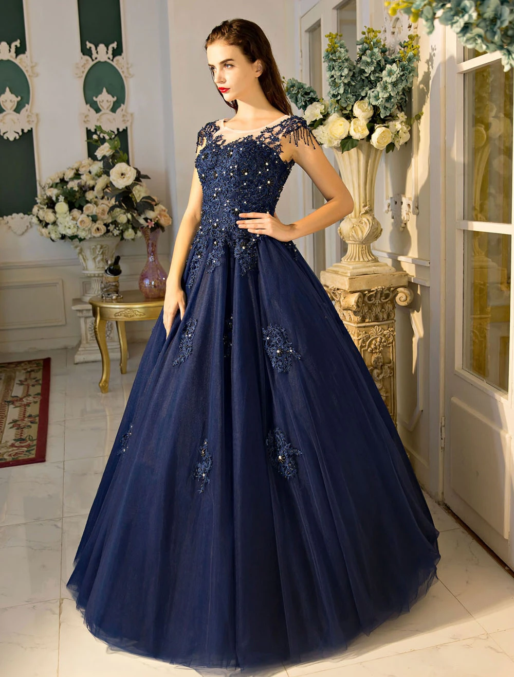 Princess Quinceanera Dresses Luxury Dark Navy Lace Applique Beaded Keyhole Floor Length Women's Pageant Dress Free Customization - Image 2