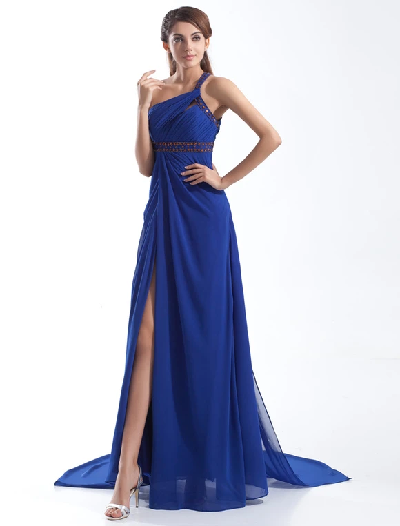 Graceful Royal Blue Chiffon Cut Out One-Shoulder Sexy Evening Dress - Image 3