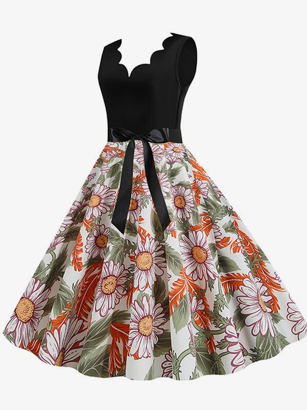 Sunflower Summer Dress 1950s Audrey Hepburn Style Black Floral Sleeveless V Neck Swing Dress - Image 2
