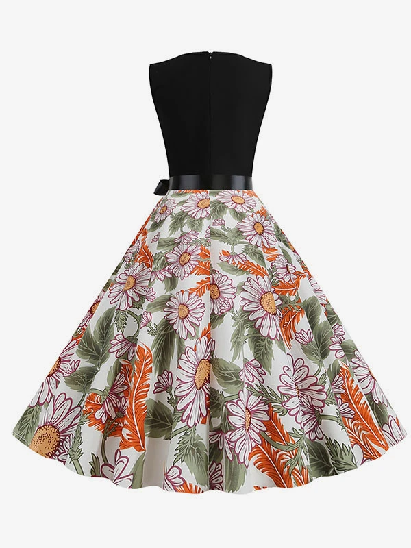 Sunflower Summer Dress 1950s Audrey Hepburn Style Black Floral Sleeveless V Neck Swing Dress - Image 3