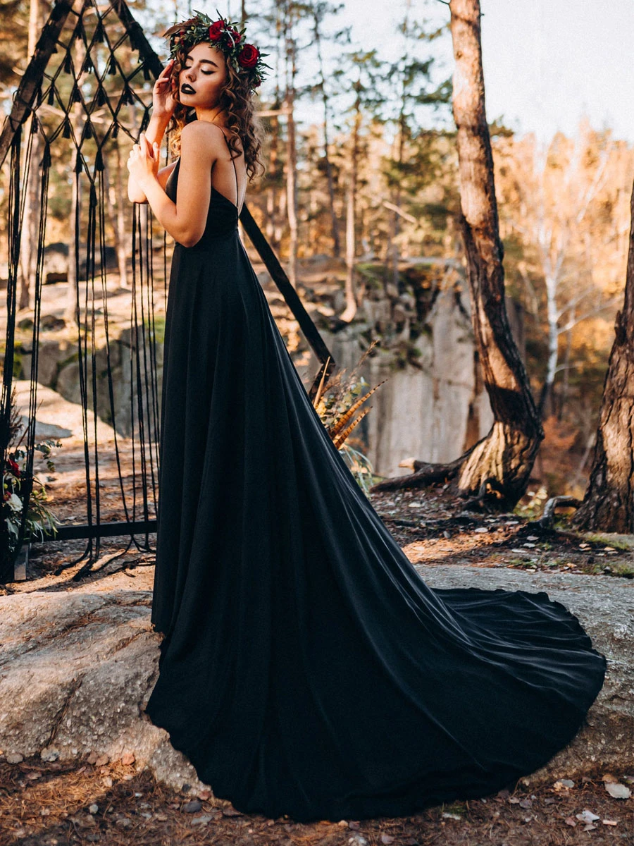 Gothic Black Wedding Dresses A-Line Stripes Neck Sleeveless With Train Bridal Gown Free Customization - Image 3
