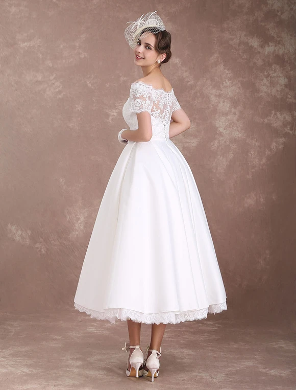 Short Wedding Dresses Vintage Bridal Dress 1950 Bateau Lace Short Sleeve Ivory Bow Sash Tea Length Wedding Reception Dress Free Customization - Image 7
