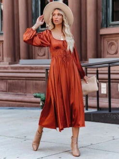Maxi Dress Square Neck Long Sleeves Orange Red Floor Length Dress