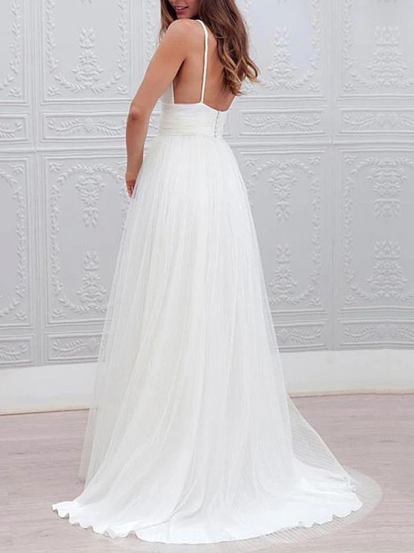 Simple Wedding Dresses 2023 A Line V Neck Straps Backless Tulle Beach Wedding Bridal Dress - Image 2