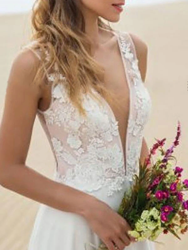 Simple Wedding Dress A Line V Neck Sleeveless Lace Illusion Back Bridal Gowns - Image 3