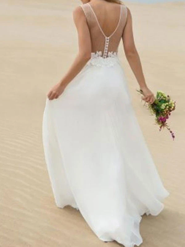 Simple Wedding Dress A Line V Neck Sleeveless Lace Illusion Back Bridal Gowns - Image 2