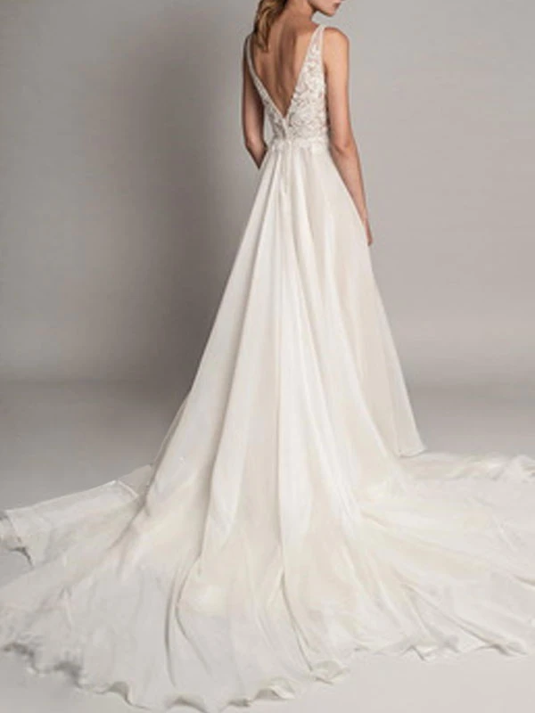Simple Wedding Dress 2023 A Line V Neck Sleeveless Beaded Bridal Dresses With Train - Image 2