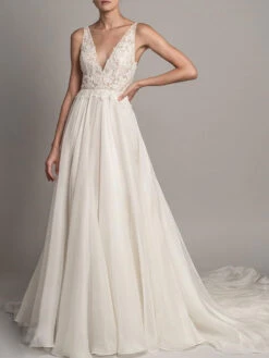 Simple Wedding Dress 2023 A Line V Neck Sleeveless Beaded Bridal Dresses With Train