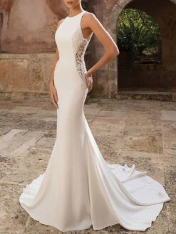 Simple Wedding Dress Lycra Spandex Jewel Neck Sleeveless Lace Mermaid Bridal Dresses