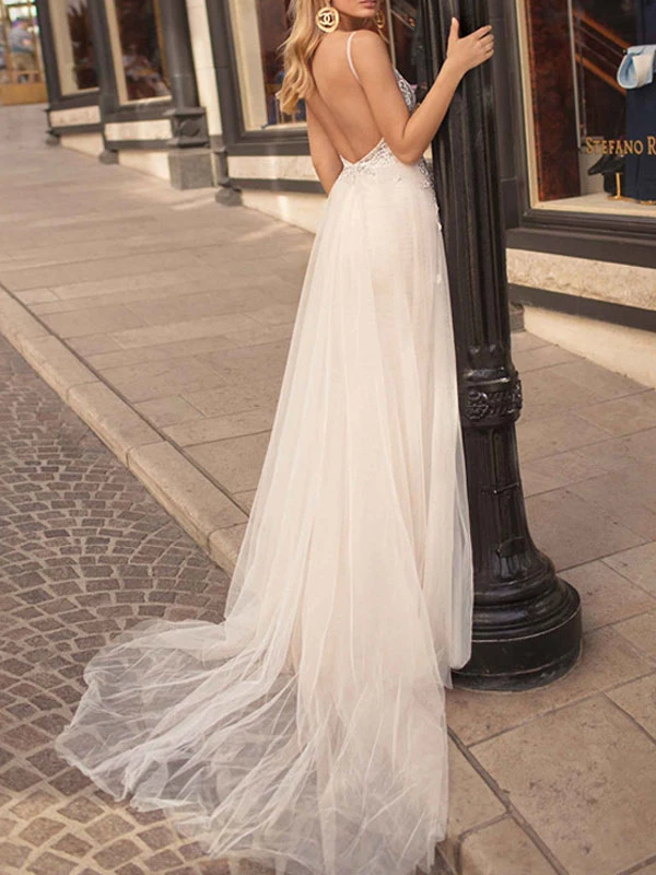 Boho Wedding Dress 2023 A Line V Neck Straps Sleeveless Tulle Beach Bridal Gowns - Image 2