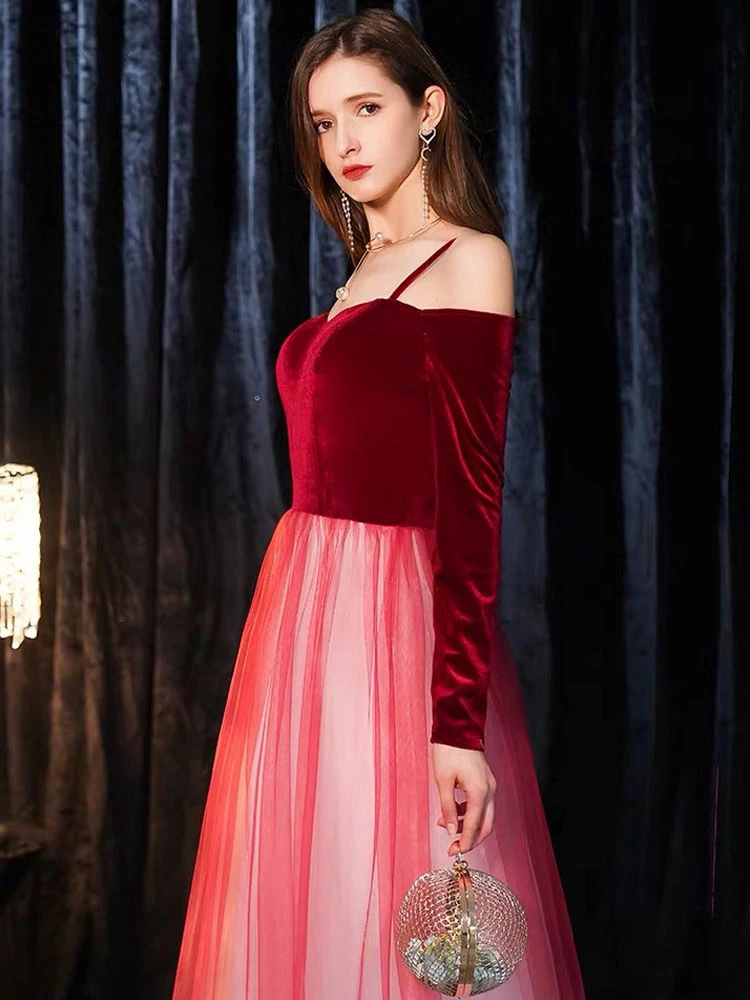 Prom Dresses Long Off The Shoulder Maxi Tulle Velvet Patchwork Formal Gowns - Image 8