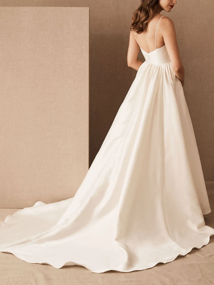 Simple Causal Wedding Dress Satin V Neck Sleeveless Pockets A-Line Bridal Gowns Free Customization - Image 4