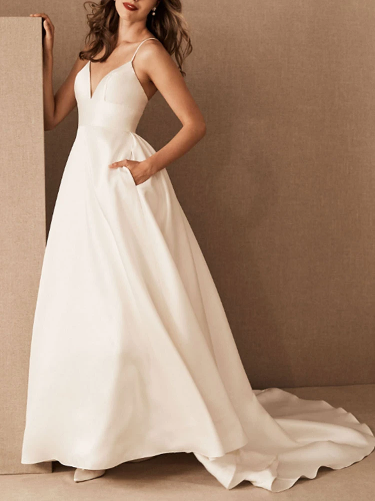 Simple Causal Wedding Dress Satin V Neck Sleeveless Pockets A-Line Bridal Gowns Free Customization - Image 3
