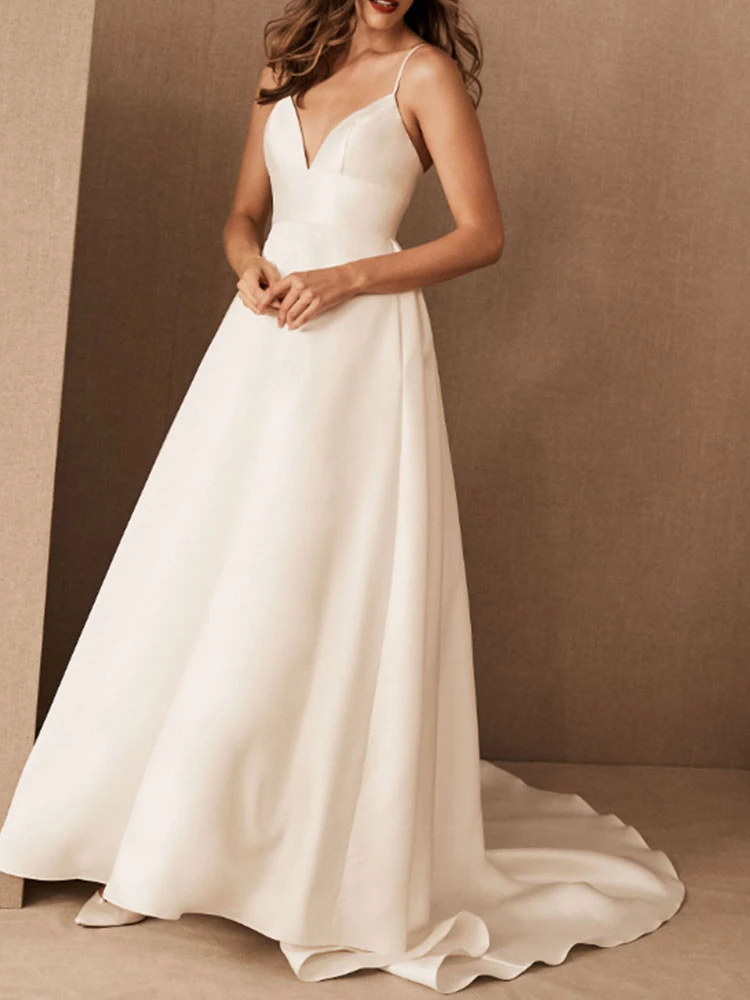 Simple Causal Wedding Dress Satin V Neck Sleeveless Pockets A-Line Bridal Gowns Free Customization - Image 2
