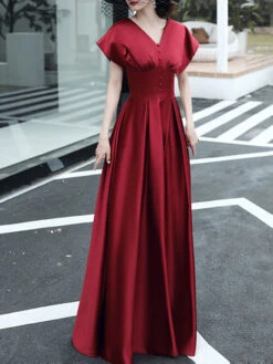 Evening Dress A-Line V-Neck Floor-Length Short Sleeves Lace-up Buttons Satin Fabric Social Party Dresses