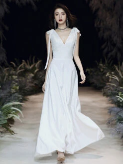 Evening Dress A-Line V-Neck Floor-Length Sleeveless Zipper Bows Satin Fabric Prom Dress