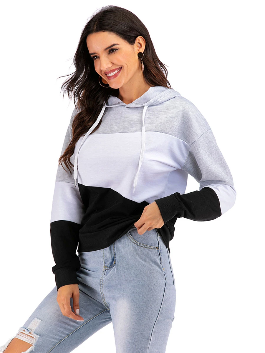 Women Hoodie Grey Long Sleeves Color Block Cotton Classic Winter Hooded Sweatshirt Cozy Active Outerwear - Image 2