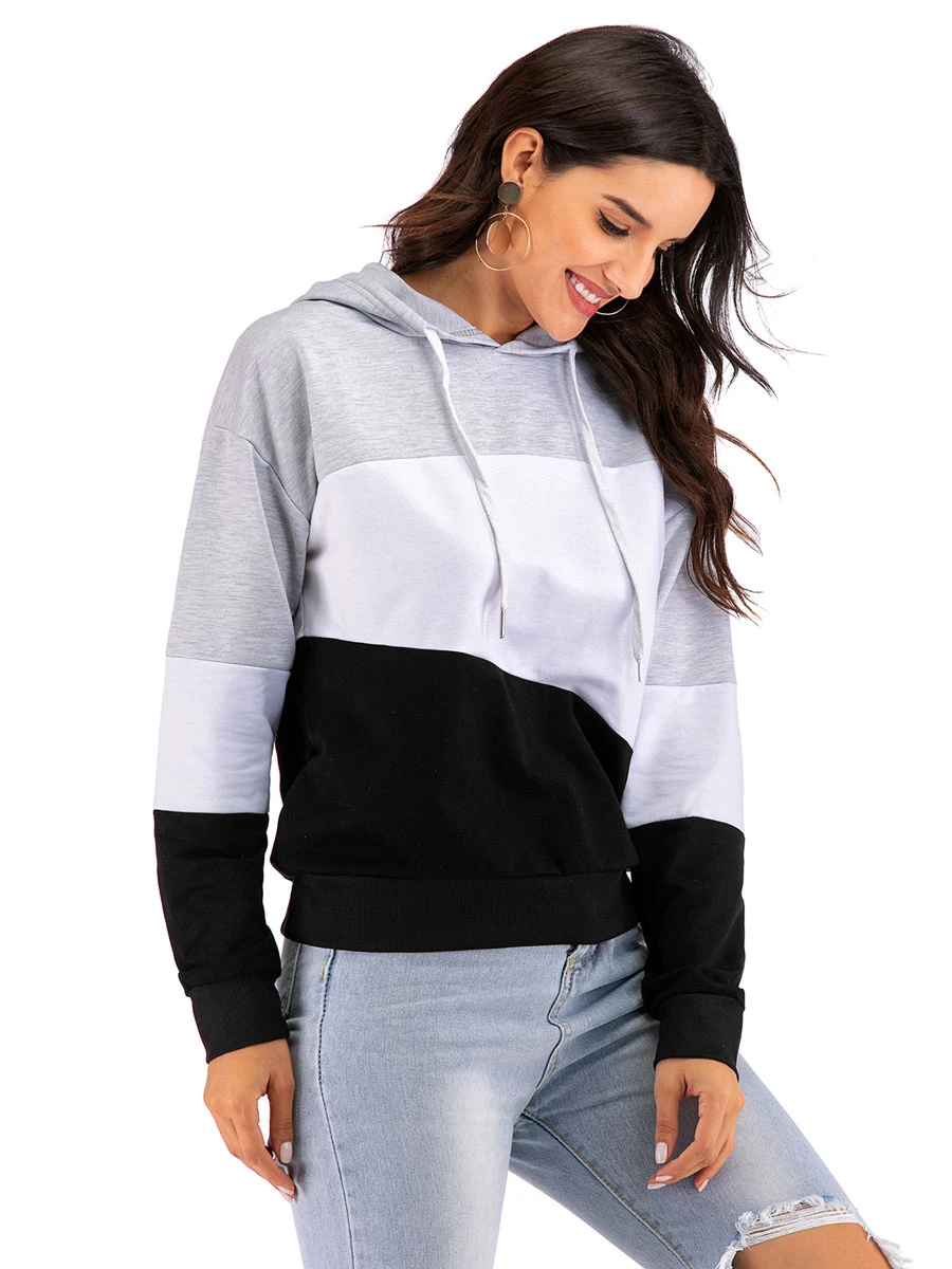Women Hoodie Grey Long Sleeves Color Block Cotton Classic Winter Hooded Sweatshirt Cozy Active Outerwear - Image 4