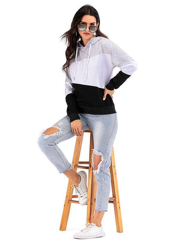 Women Hoodie Grey Long Sleeves Color Block Cotton Classic Winter Hooded Sweatshirt Cozy Active Outerwear - Image 5