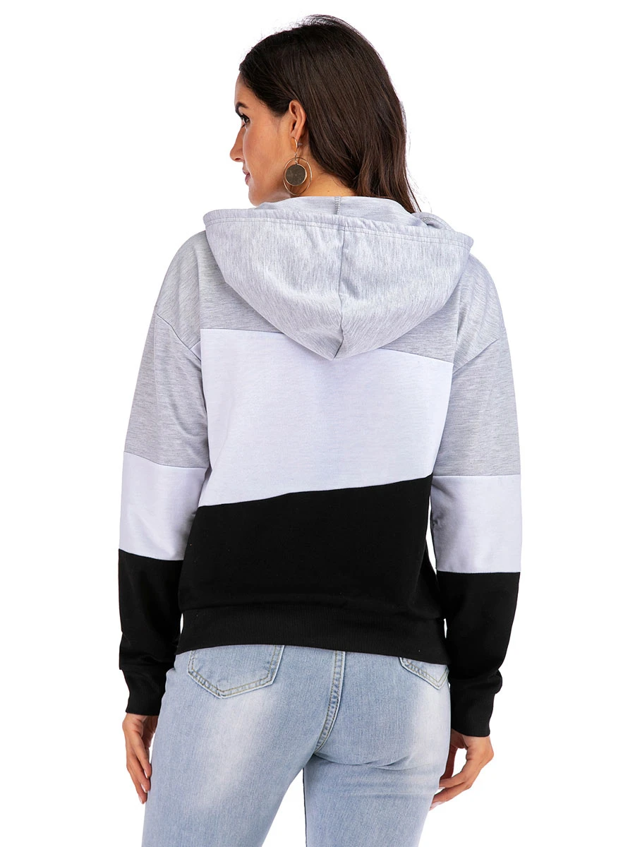 Women Hoodie Grey Long Sleeves Color Block Cotton Classic Winter Hooded Sweatshirt Cozy Active Outerwear - Image 3