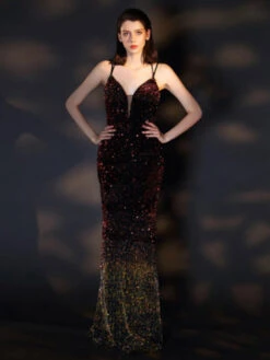 Evening Dress Burgundy Sheath V Neck Floor Length Sleeveless Sequined Social Party Dresses Cami Maxi Dinner Dress