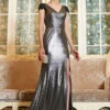 Evening Dress Split Sheath Long Dress V Neck Sweep Short Sleeves Pleated Formal Party Dresses