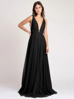 Black Prom Dress 2023 A-Line Sleeveless V-Neck Floor-Length Zipper Pleated Tulle Party Dresses Wedding Guest Dresses Free Customization