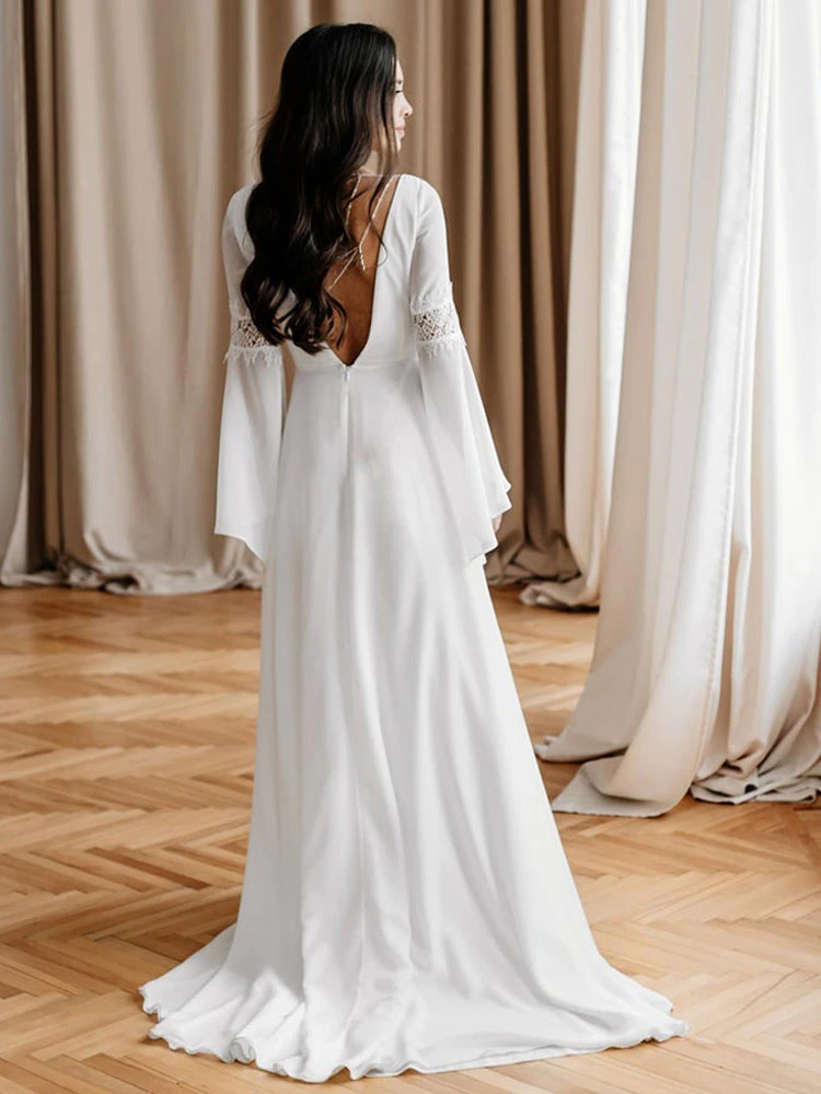 White Simple Causal Wedding Dress With Train A-Line V-Neck Long Sleeves Backless Chains Bridal Gowns Free Customization - Image 6