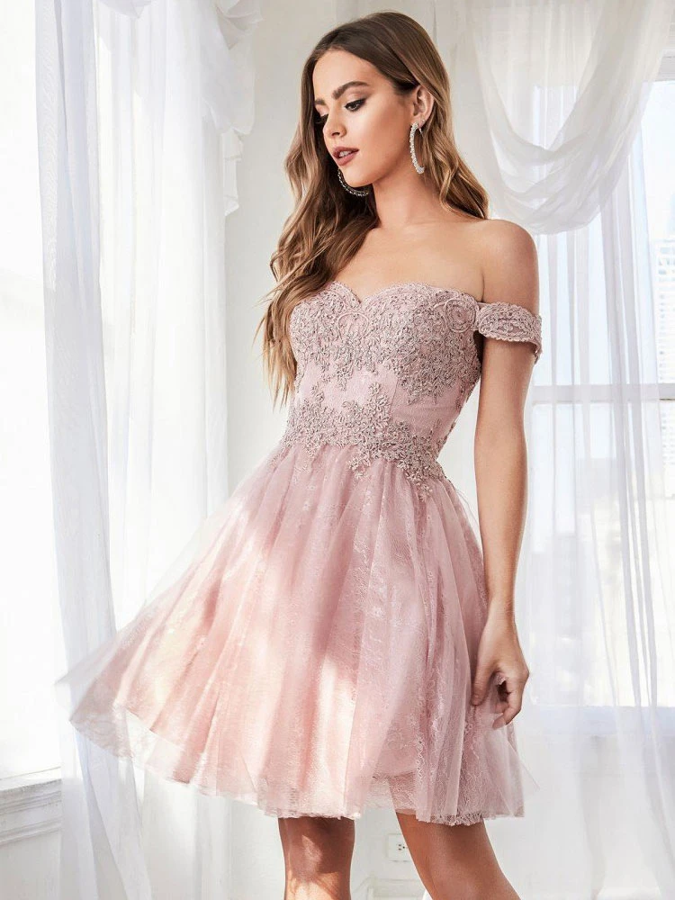Pink Homecoming Dress 2023 Off The Shoulder A-Line Sleeveless Backless Applique Short Party Dresses Free Customization