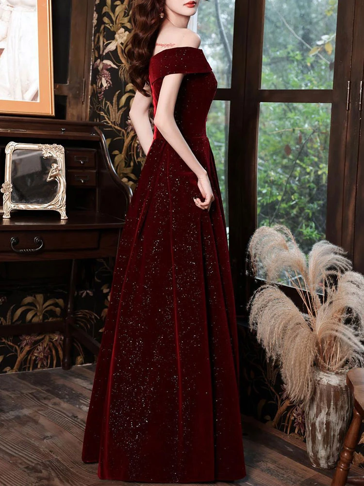 Burgundy Prom Dress 2023 A-Line Bateau Neck Short Sleeve Lace Up Buttons Velvet Floor Length Formal Party Dresses Wedding Guest Dresses - Image 6