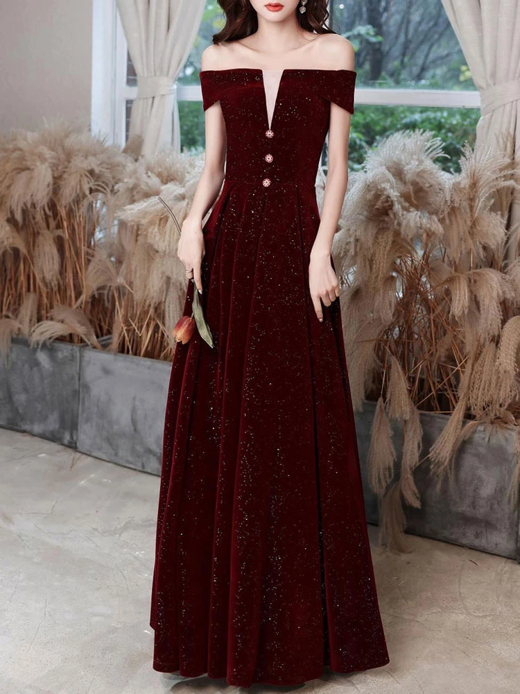 Burgundy Prom Dress 2023 A-Line Bateau Neck Short Sleeve Lace Up Buttons Velvet Floor Length Formal Party Dresses Wedding Guest Dresses