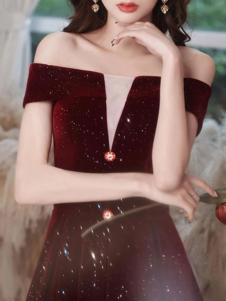 Burgundy Prom Dress 2023 A-Line Bateau Neck Short Sleeve Lace Up Buttons Velvet Floor Length Formal Party Dresses Wedding Guest Dresses - Image 4