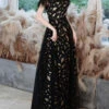 Black Prom Dress 2023 A-Line Jewel Neck Lace Floor-Length Feathers Pageant Dresses Wedding Guest Dresses