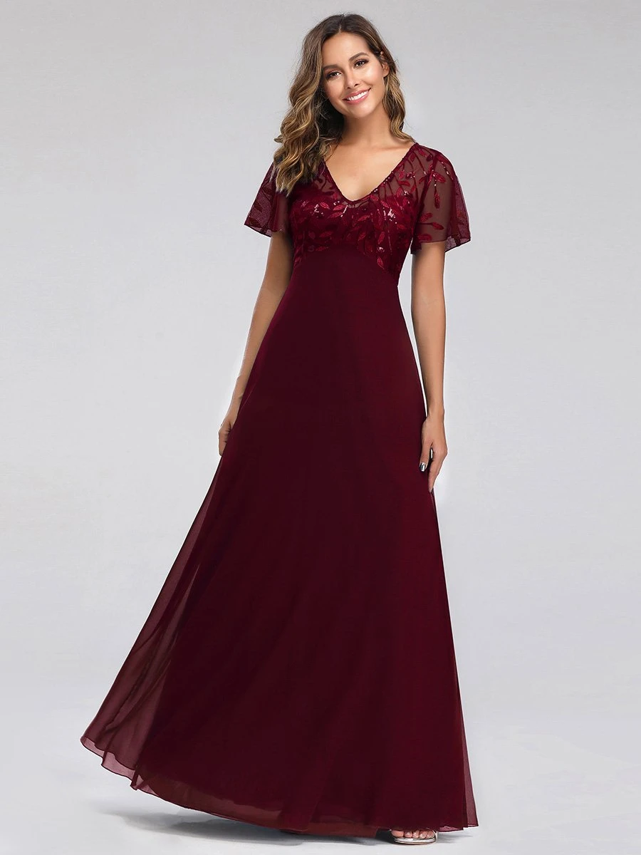 Burgundy Evening Dress 2023 A-Line V-Neck Short Sleeves Chiffon Lace Floor-Length Formal Dresses Wedding Guest Dresses - Image 2