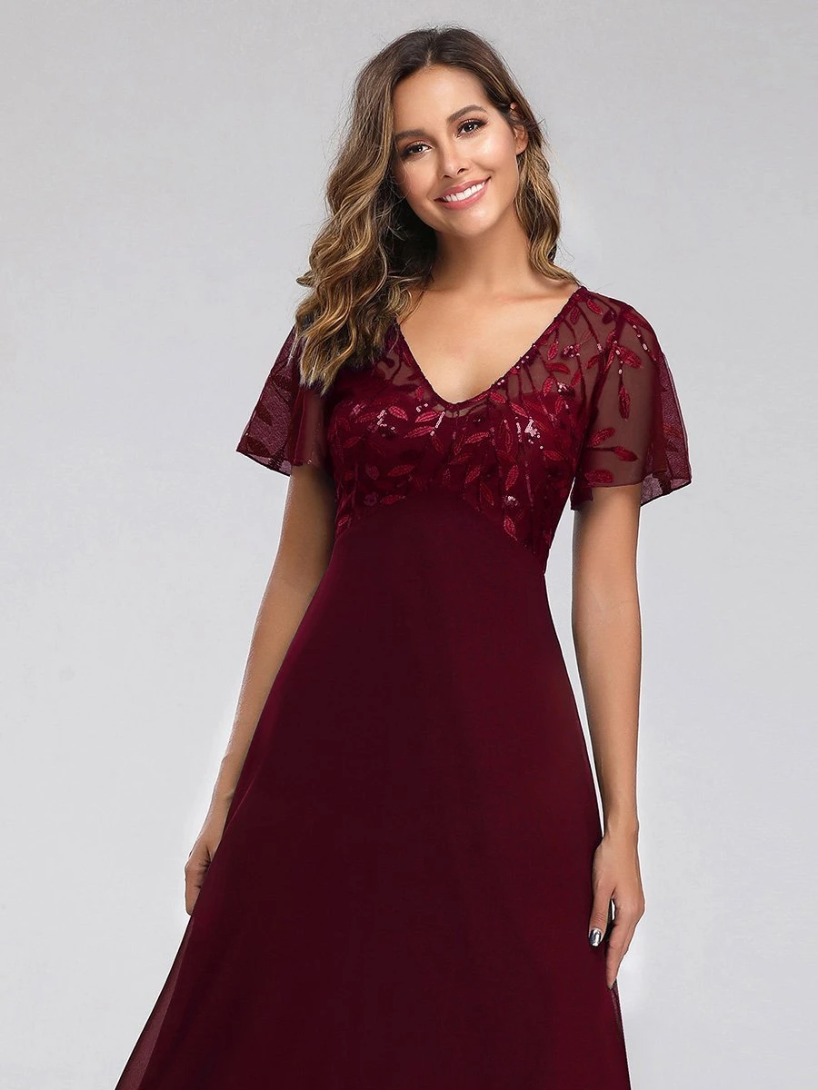 Burgundy Evening Dress 2023 A-Line V-Neck Short Sleeves Chiffon Lace Floor-Length Formal Dresses Wedding Guest Dresses - Image 3