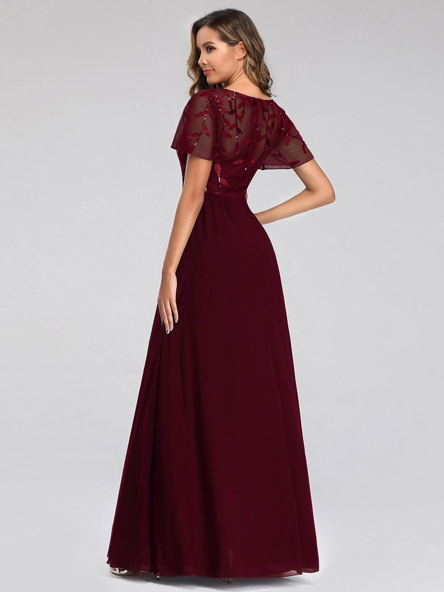 Burgundy Evening Dress 2023 A-Line V-Neck Short Sleeves Chiffon Lace Floor-Length Formal Dresses Wedding Guest Dresses - Image 4