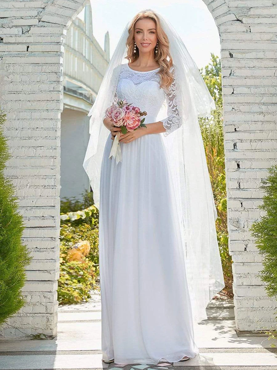White Simple Causal Wedding Dress Lace Jewel Neck Lace Chiffon Half Sleeves A-Line Bridal Dresses Free Customization - Image 2