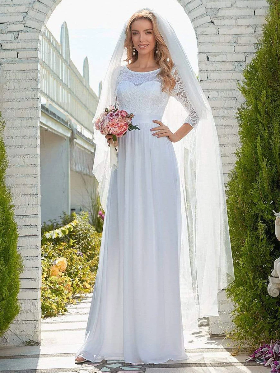 White Simple Causal Wedding Dress Lace Jewel Neck Lace Chiffon Half Sleeves A-Line Bridal Dresses Free Customization