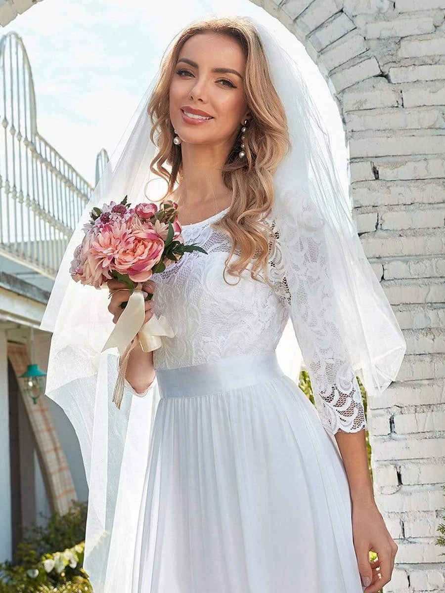 White Simple Causal Wedding Dress Lace Jewel Neck Lace Chiffon Half Sleeves A-Line Bridal Dresses Free Customization - Image 3