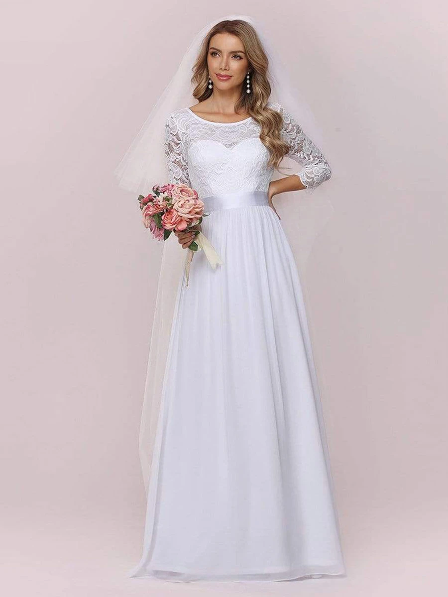 White Simple Causal Wedding Dress Lace Jewel Neck Lace Chiffon Half Sleeves A-Line Bridal Dresses Free Customization - Image 5