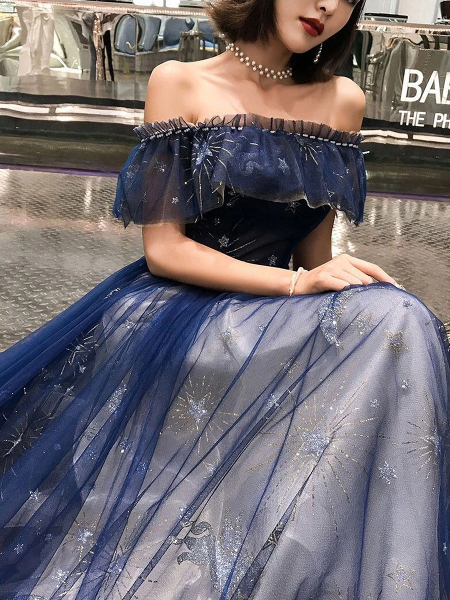 Prom Dress 2023 Navy Blue Short Sleeves A-Line Off The Shoulder Floor Length Lace-Up Ruffles Party Dresses Free Customization - Image 8
