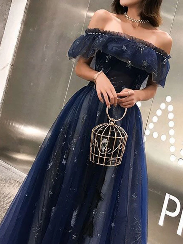 Prom Dress 2023 Navy Blue Short Sleeves A-Line Off The Shoulder Floor Length Lace-Up Ruffles Party Dresses Free Customization - Image 3